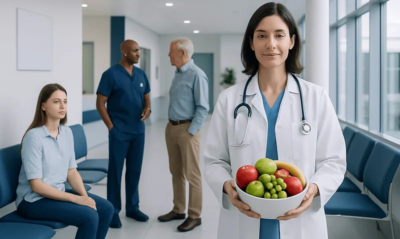 Doctor holding a bowl of fresh fruits in a hospital corridor.