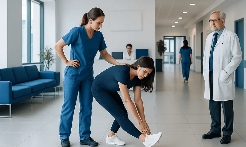 Physical therapist assisting patient with hamstring stretch in hospital corridor.