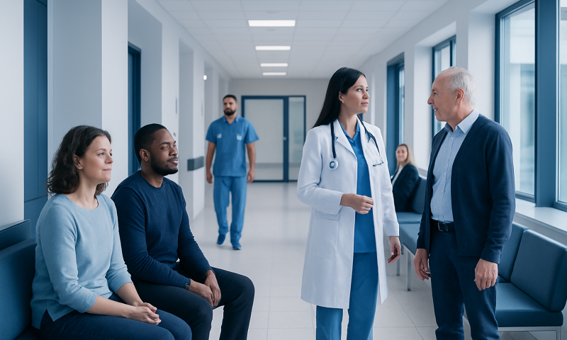 Doctor consulting with elderly patient in hospital corridor.