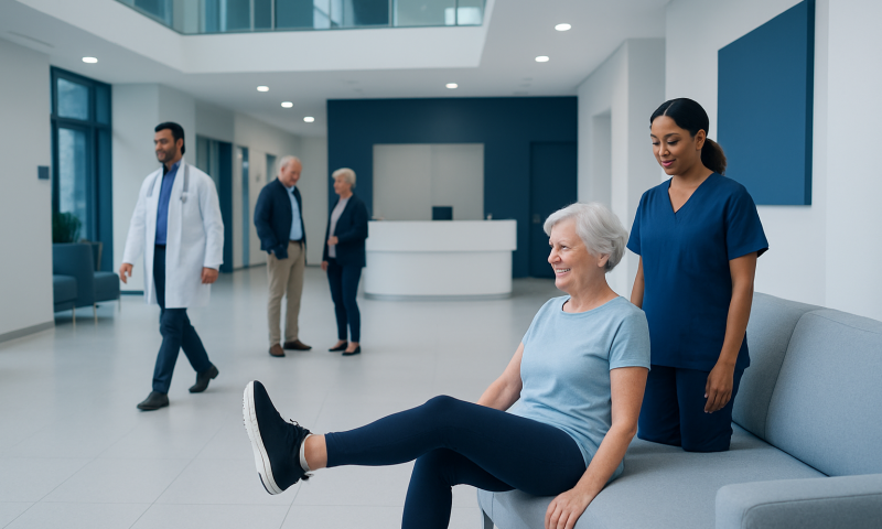 Senior woman doing leg exercises with nurse in hospital lobby.