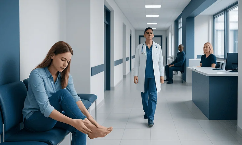 Young woman with ingrown toenail at hospital, seeking treatment.