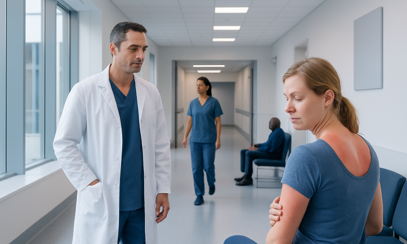 Doctor consulting a patient in a hospital corridor.