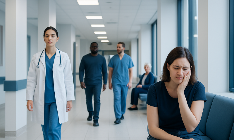 Woman with toothache in hospital corridor with medical staff nearby.