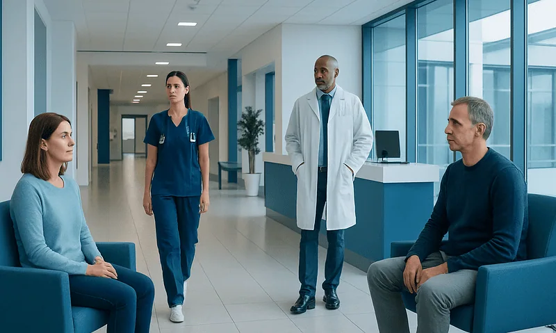 Medical consultation in a modern hospital corridor with patients and staff.