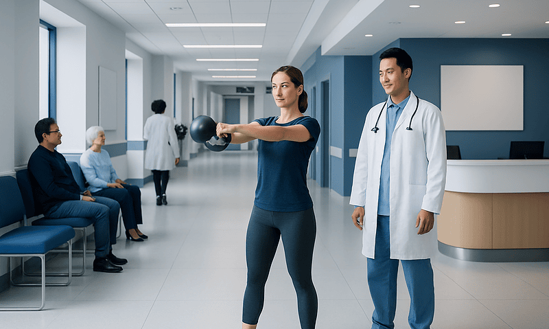 Patient performing kettlebell exercise in hospital corridor with medical staff nearby.