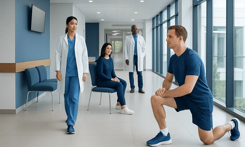 Medical professionals and patient in a hospital corridor during consultation.