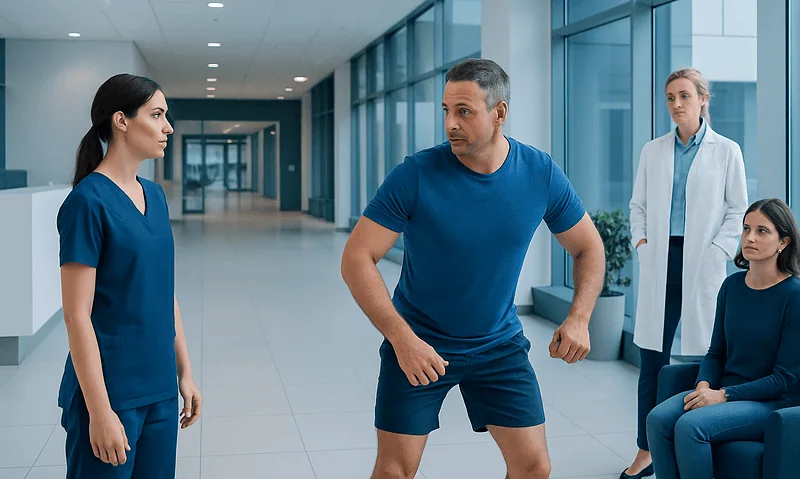 Doctor and nurse discussing patient care in hospital corridor.
