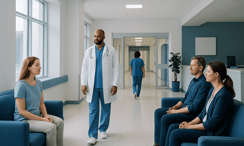 Medical consultation in hospital corridor with doctor and patients.