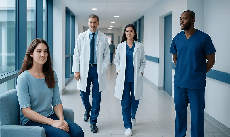 Medical team with patient in hospital corridor at Acibadem Hospitals Group.