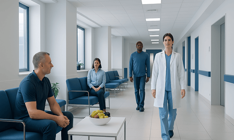 Healthcare professionals and patient in a modern hospital corridor.