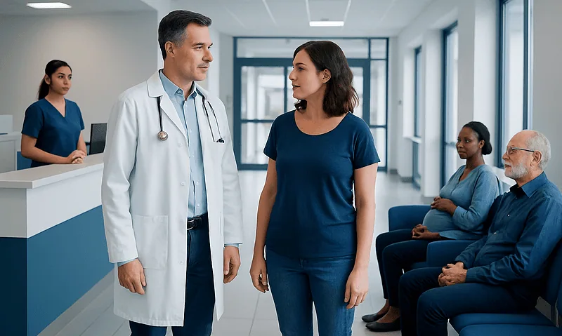 Doctor and patient talking in hospital waiting area.