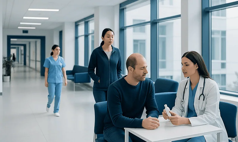 Doctor consulting with patient in modern hospital corridor.