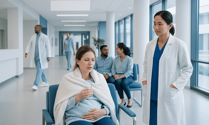 Patient receiving medical consultation in hospital corridor.