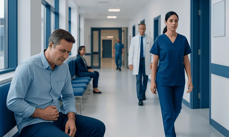 Patient experiencing stomach pain in hospital corridor with medical staff nearby.