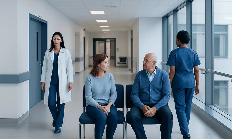 Hospital waiting area with patients and medical staff.