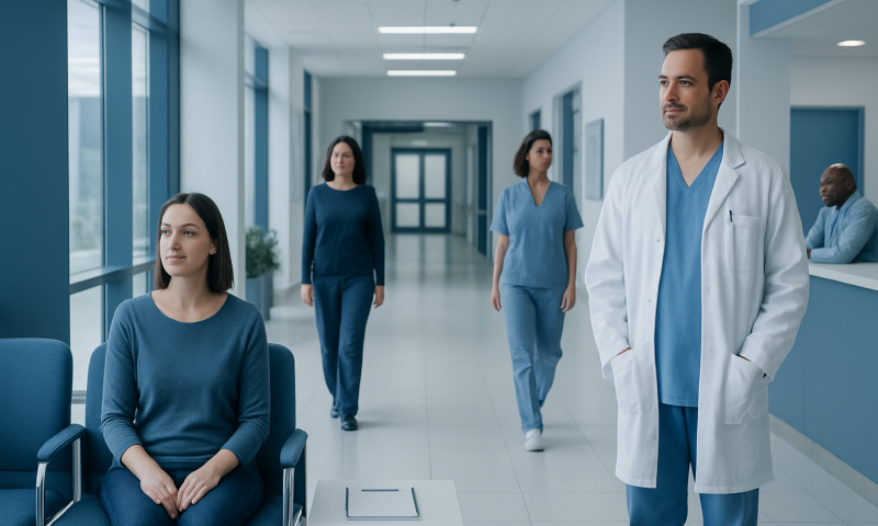 Medical staff and patient in hospital corridor.
