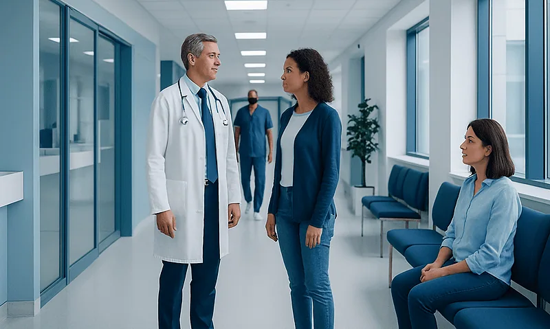 Medical professionals and patient in hospital corridor at Acibadem Hospitals Group.
