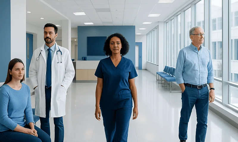 Healthcare professionals in a modern hospital corridor.