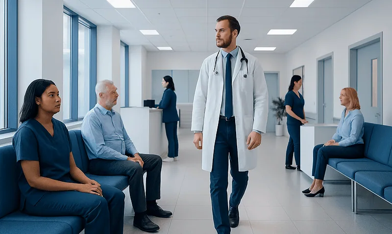 Doctor consulting patients in a modern hospital corridor.