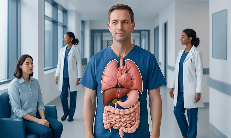 Medical professional with a digital overlay of internal organs in a hospital corridor.