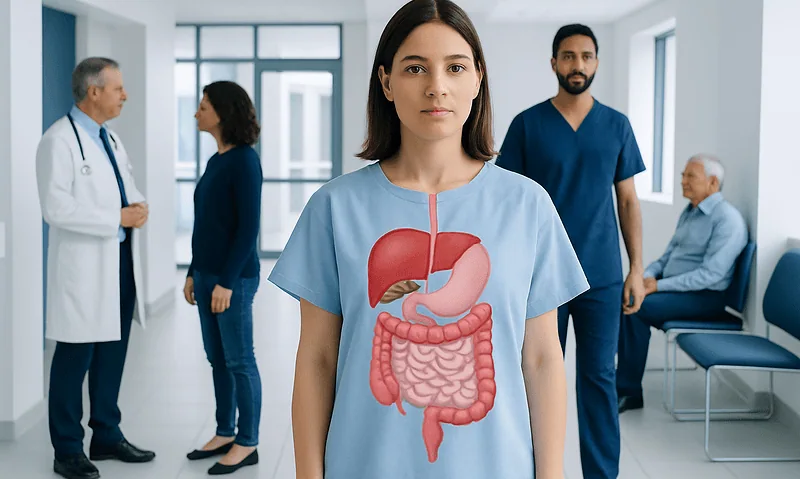 Medical professional with digestive system illustration in hospital setting.