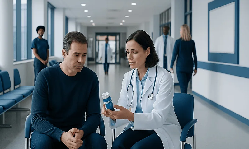 Doctor explaining medication to patient in hospital corridor.