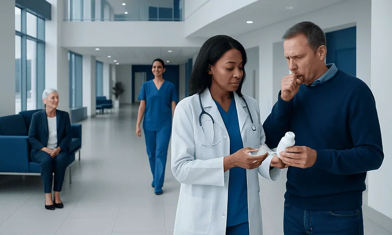 Doctor consulting with patient in hospital lobby.