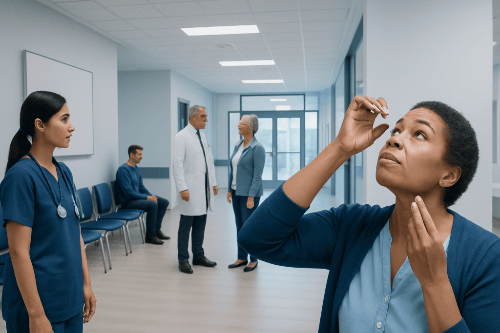 Over the Counter Eye Drops for Pink Eye: An Evidence-Based Guide for Patients 1 Patient with pink eye in a hospital corridor with medical staff nearby.