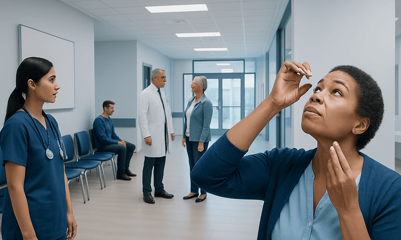 Patient with pink eye in a hospital corridor with medical staff nearby.