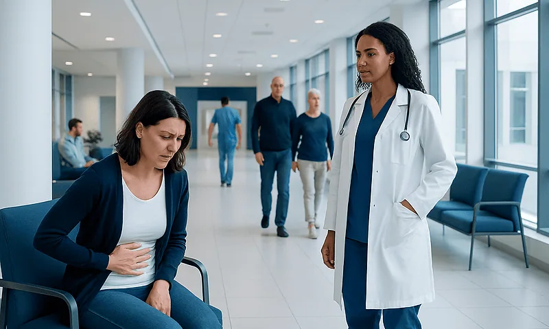 Over the Counter Pain Relievers for Stomach Pain: Common Causes, Related Conditions, and When to See a Doctor 5 Patient experiencing stomach pain in hospital waiting area with healthcare professional nearby.