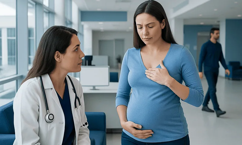 Pregnant woman consulting with a doctor in a hospital corridor.