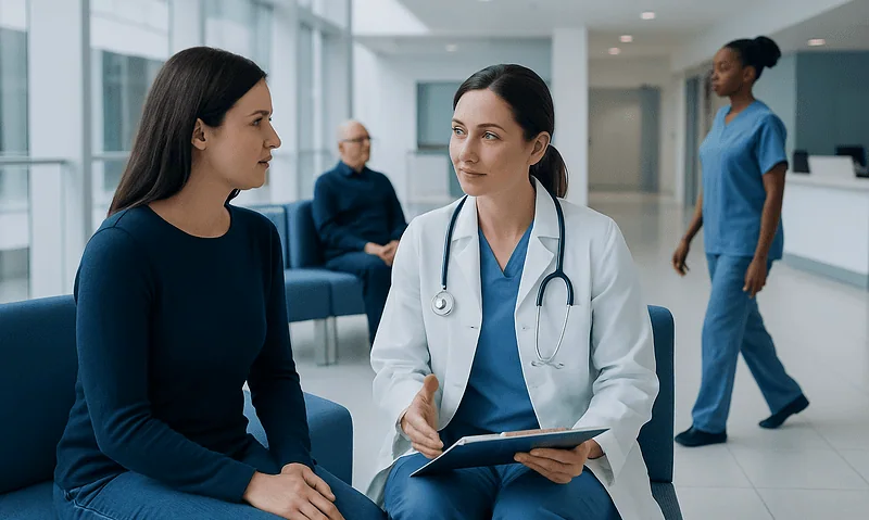 Doctor consulting patient in hospital lobby with staff in background.