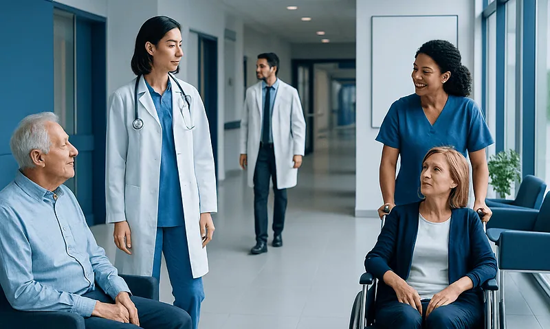 Hospital staff consulting with elderly patients in a modern healthcare facility.