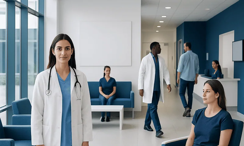 Healthcare professionals and patients in a modern hospital waiting area.