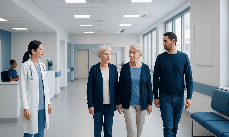 Patients walking in a hospital corridor with medical staff present.