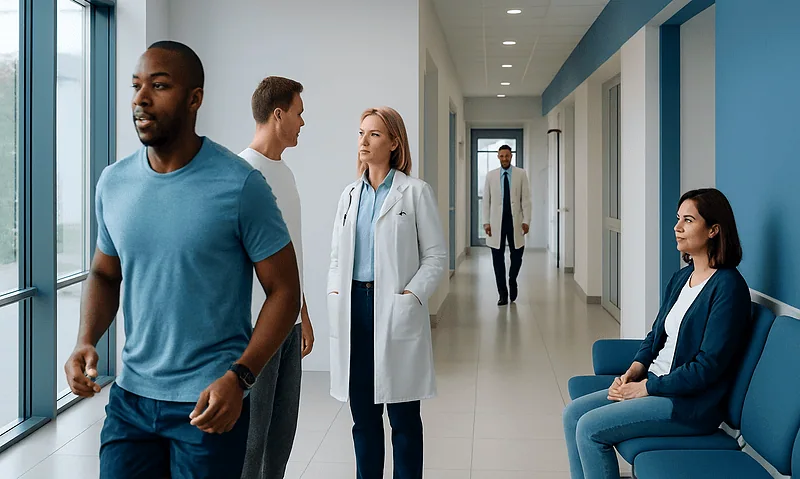 Patients and doctors in a hospital corridor at Acibadem Hospitals Group.