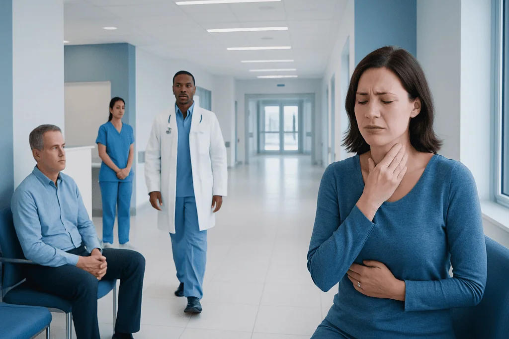 Sore throat remedies: What Works at Home, What Doesn't, and When to See a Doctor 1 Woman with sore throat in hospital corridor with medical staff nearby.