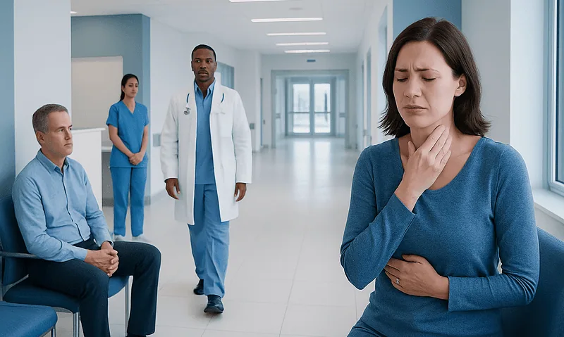 Woman with sore throat in hospital corridor with medical staff nearby.