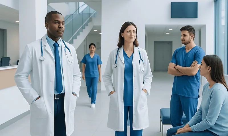 Medical team discussing patient care in a modern hospital setting.