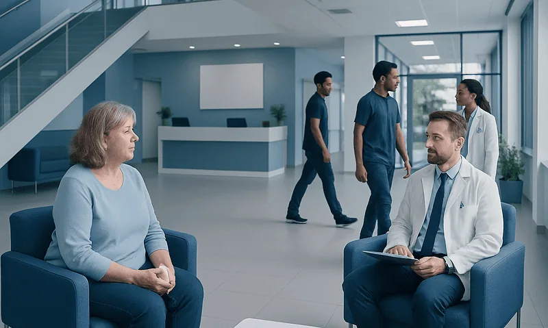 Doctor consulting with an elderly patient in a modern hospital lobby.