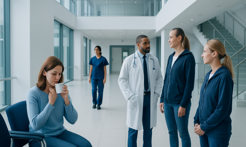 Patients and doctor in a modern hospital lobby.