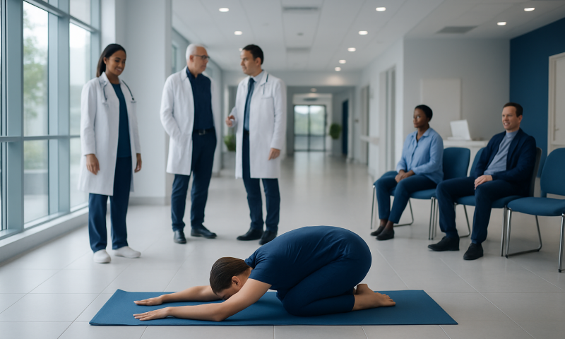 Patient practicing yoga for back pain relief in hospital corridor.