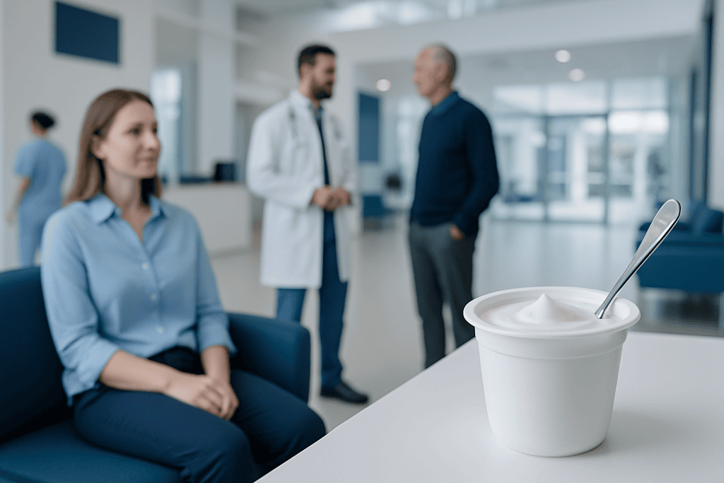 Best Yogurt for Gut Health: An Evidence-Based Guide for Patients 1 Yogurt in a cup with a spoon on a hospital reception desk.