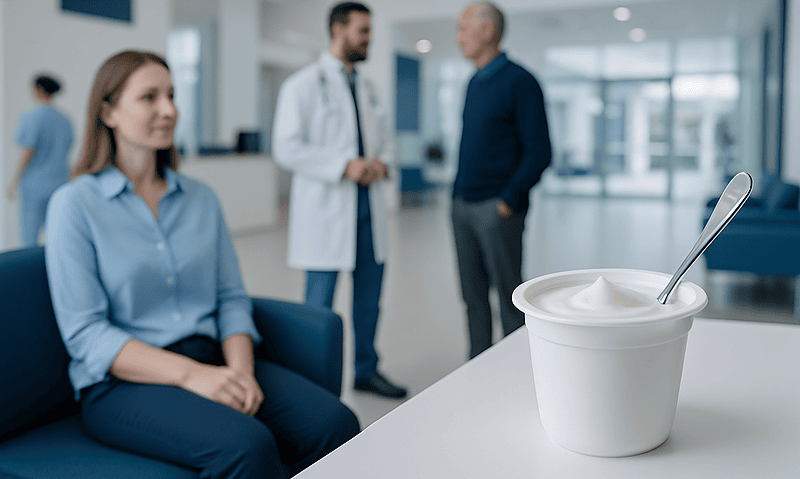 Yogurt in a cup with a spoon on a hospital reception desk.
