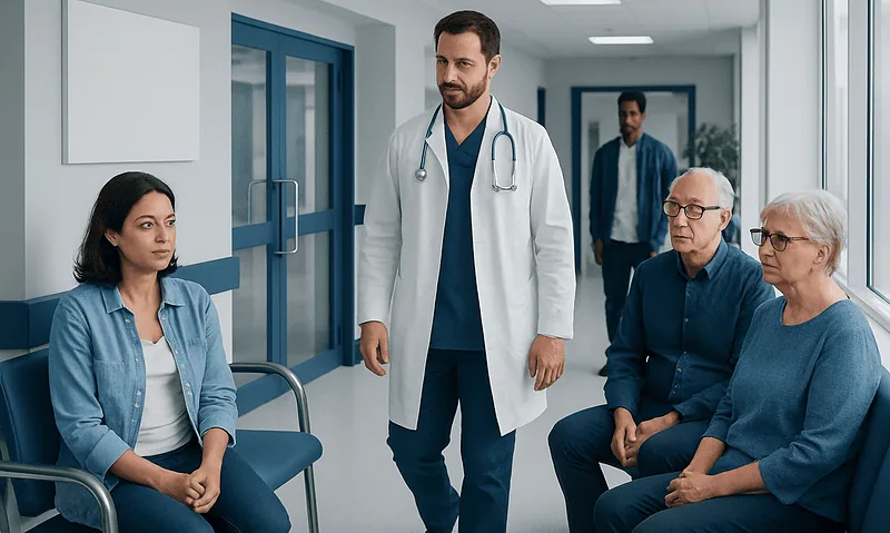 Doctor consulting with elderly patients in hospital corridor.