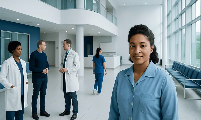 Diverse healthcare team in modern hospital lobby with large windows.