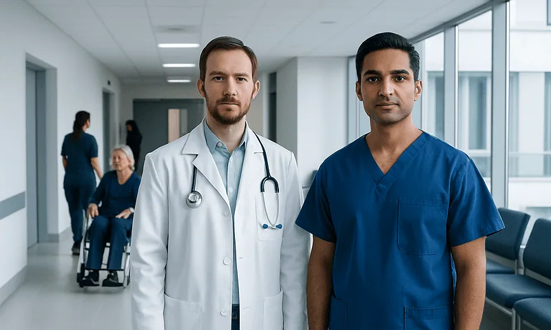 Stroke Specialist vs Stroke Neurologist: Who Leads Treatment in an Emergency? 7 Doctors in hospital corridor with patients in background.