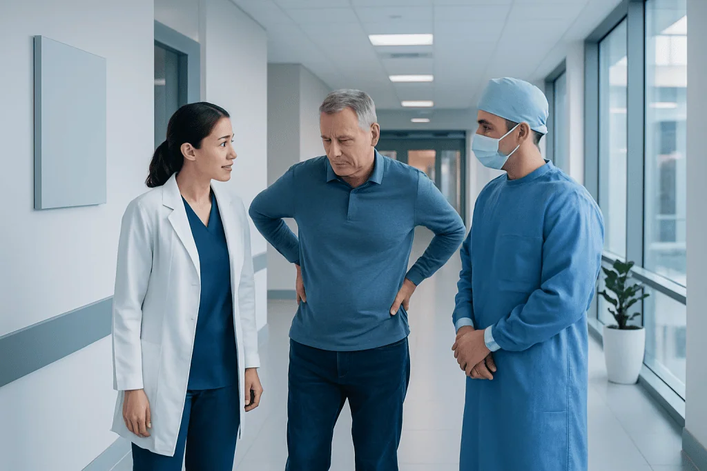 Back Doctor vs Orthopedic Spine Surgeon: Which Specialist Should You See? 1 Doctor and patient discussing in hospital corridor with medical staff.
