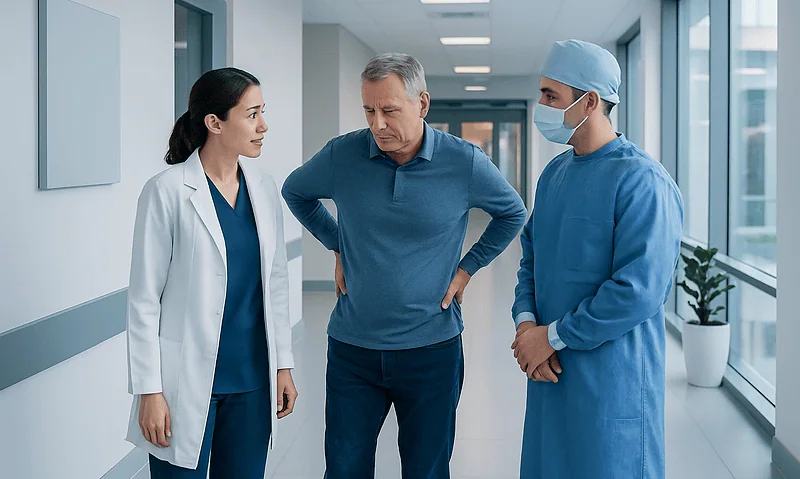 Doctor and patient discussing in hospital corridor with medical staff.