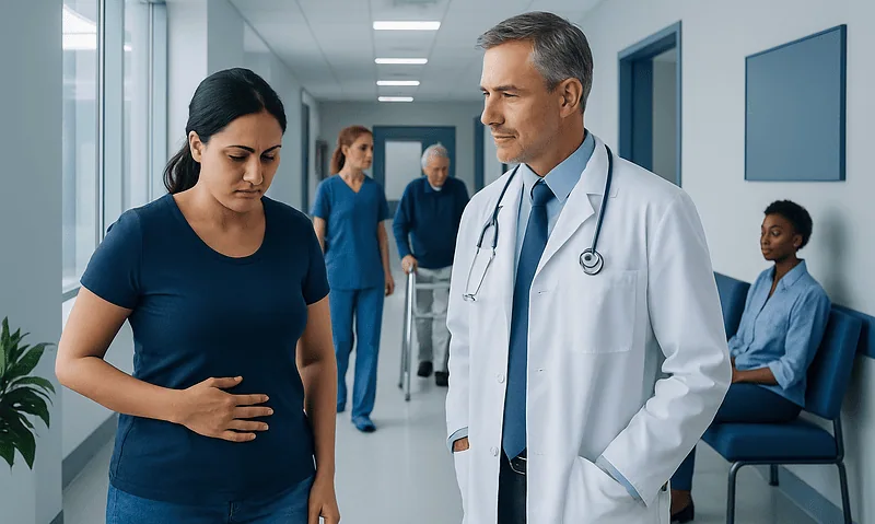 Doctor consulting pregnant woman in hospital corridor.